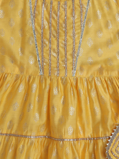 Half Sleeves Lace Embellished Floral Motif Foil Printed Coordinating Kurta & Salwar Set - Yellow