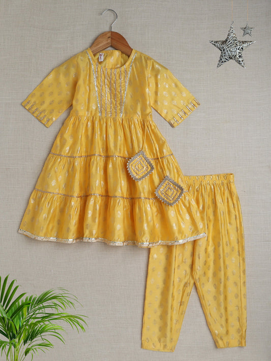Half Sleeves Lace Embellished Floral Motif Foil Printed Coordinating Kurta & Salwar Set - Yellow