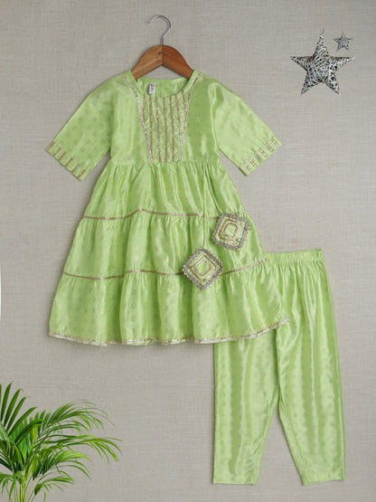 The Magic Wand Half Sleeves Lace Embellished Floral Motif Foil Printed Coordinating Kurta & Salwar Set - Green