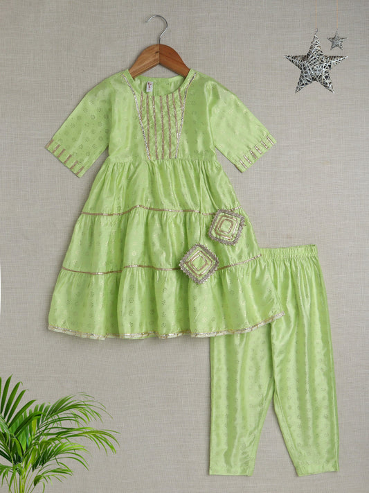 The Magic Wand Half Sleeves Lace Embellished Floral Motif Foil Printed Coordinating Kurta & Salwar Set - Green