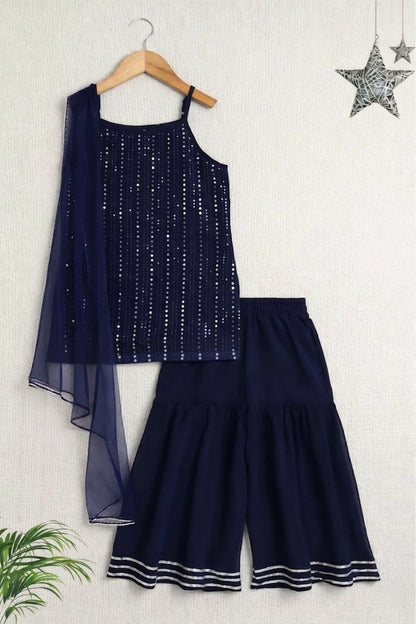 The Magic Wand Sleeveless Sequins Embellished Kurta , Sharara Set - Navy Blue