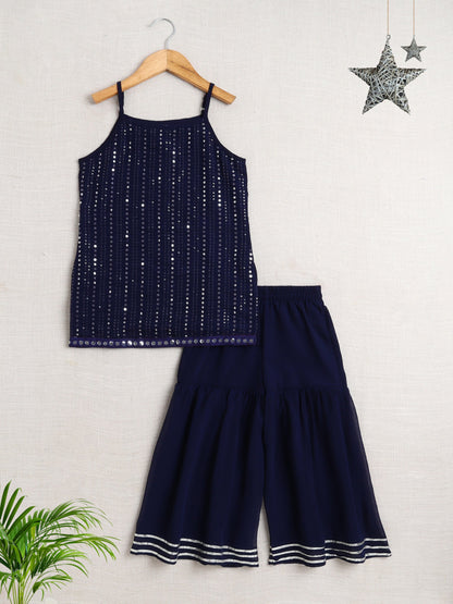 The Magic Wand Sleeveless Sequins Embellished Kurta and Sharara Set - Navy Blue