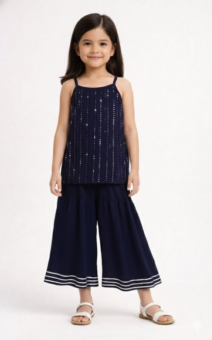 The Magic Wand Sleeveless Sequins Embellished Kurta and Sharara Set - Navy Blue