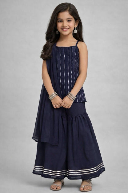 The Magic Wand Sleeveless Sequins Embellished Kurta , Sharara Set - Navy Blue