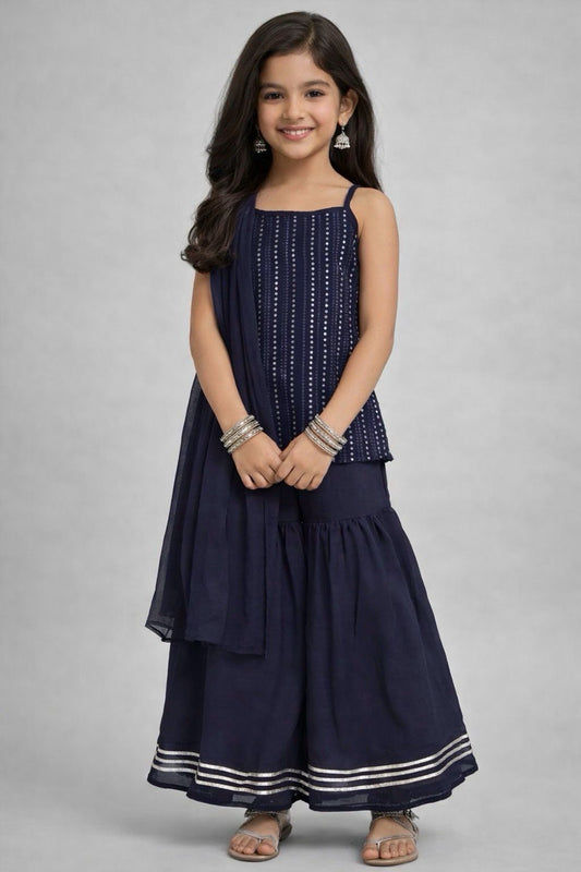 The Magic Wand Sleeveless Sequins Embellished Kurta , Sharara Set - Navy Blue