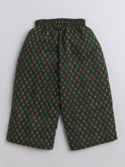 3/4th Sleeves Cotton Floral Printed Gathered Top & Pant Set Green