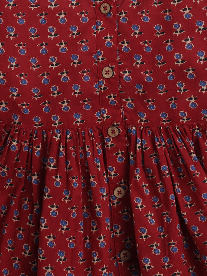 3/4th Sleeves Cotton Floral Printed Gathered Top & Pant Set Maroon