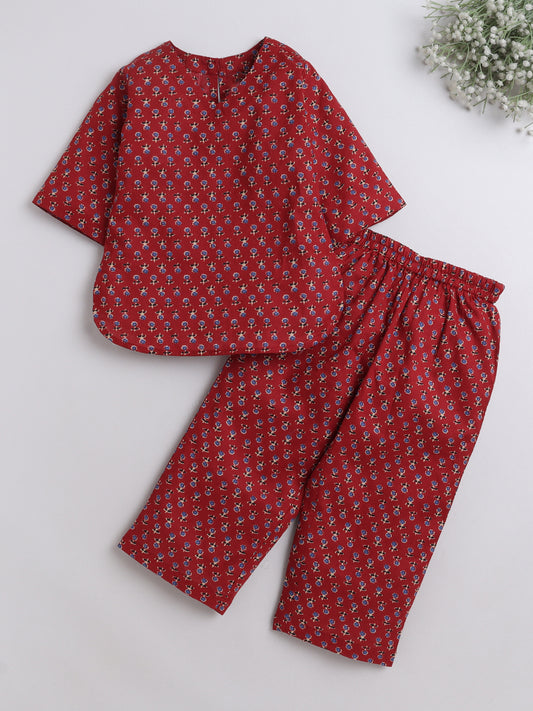 3/4th Sleeves Cotton Floral Printed Top With Pant Lounge Wear Set Maroon