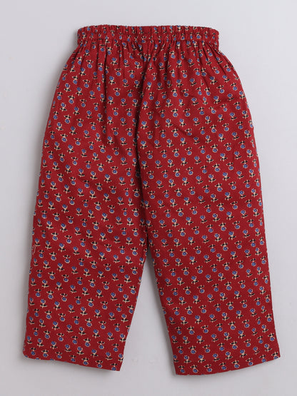 3/4th Sleeves Cotton Floral Printed Top With Pant Lounge Wear Set Maroon