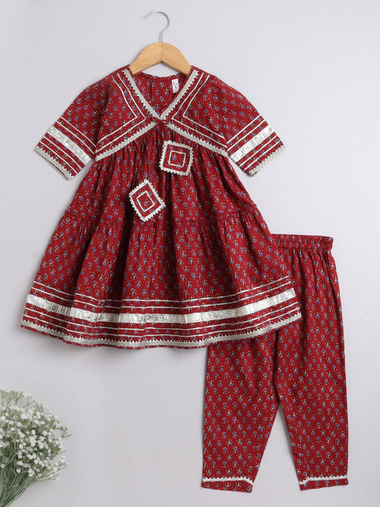 Half  Sleeves Floral Printed & Gota Lace Embellished Cotton  Kurta With Pant -  Maroon
