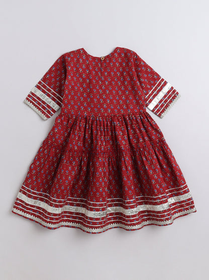 Half  Sleeves Floral Printed & Gota Lace Embellished Cotton  Kurta With Pant -  Maroon