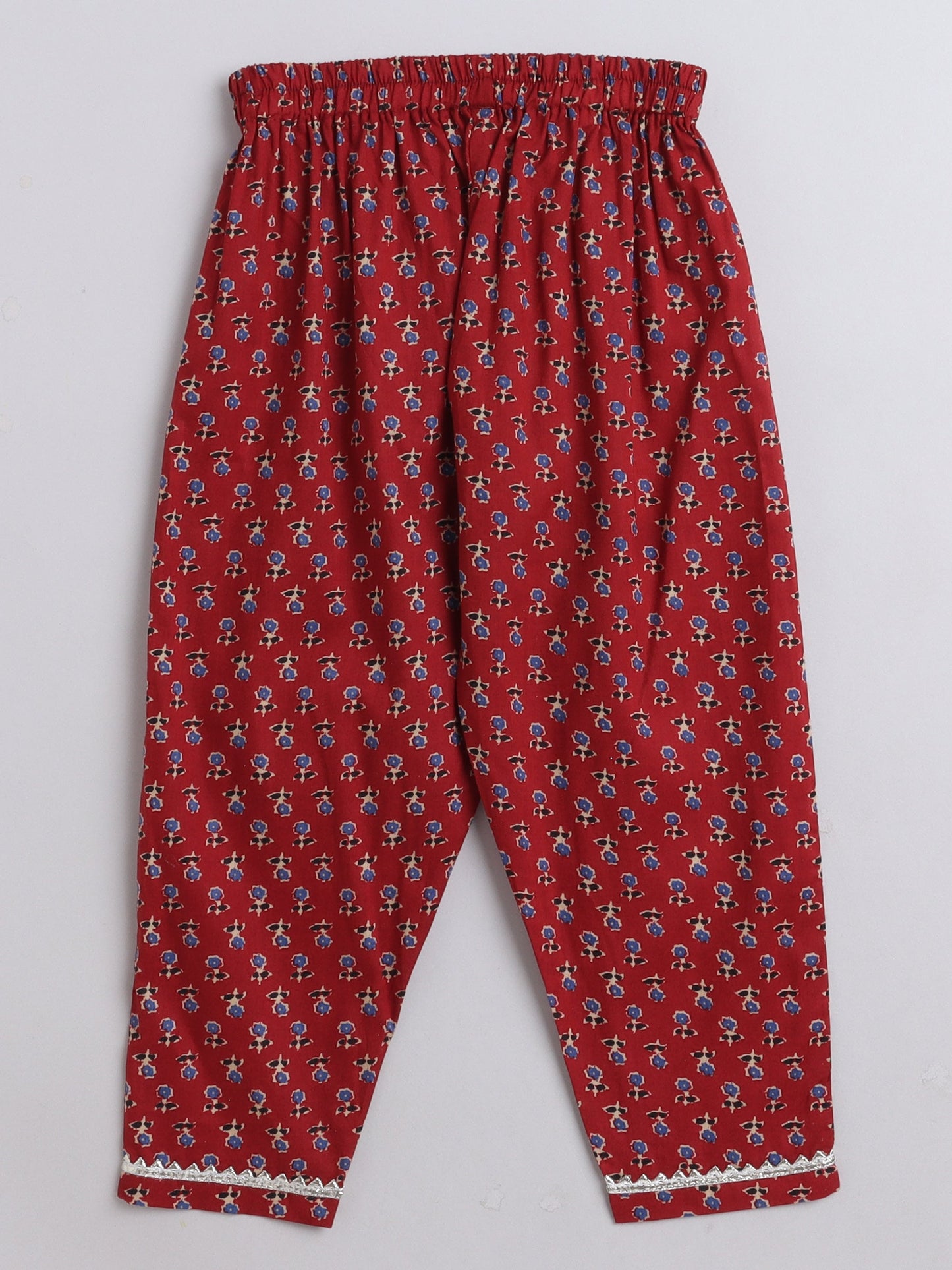 Half  Sleeves Floral Printed & Gota Lace Embellished Cotton  Kurta With Pant -  Maroon