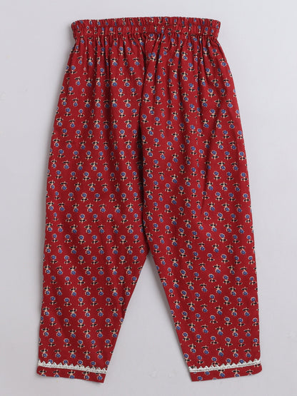 Half  Sleeves Floral Printed & Gota Lace Embellished Cotton  Kurta With Pant -  Maroon