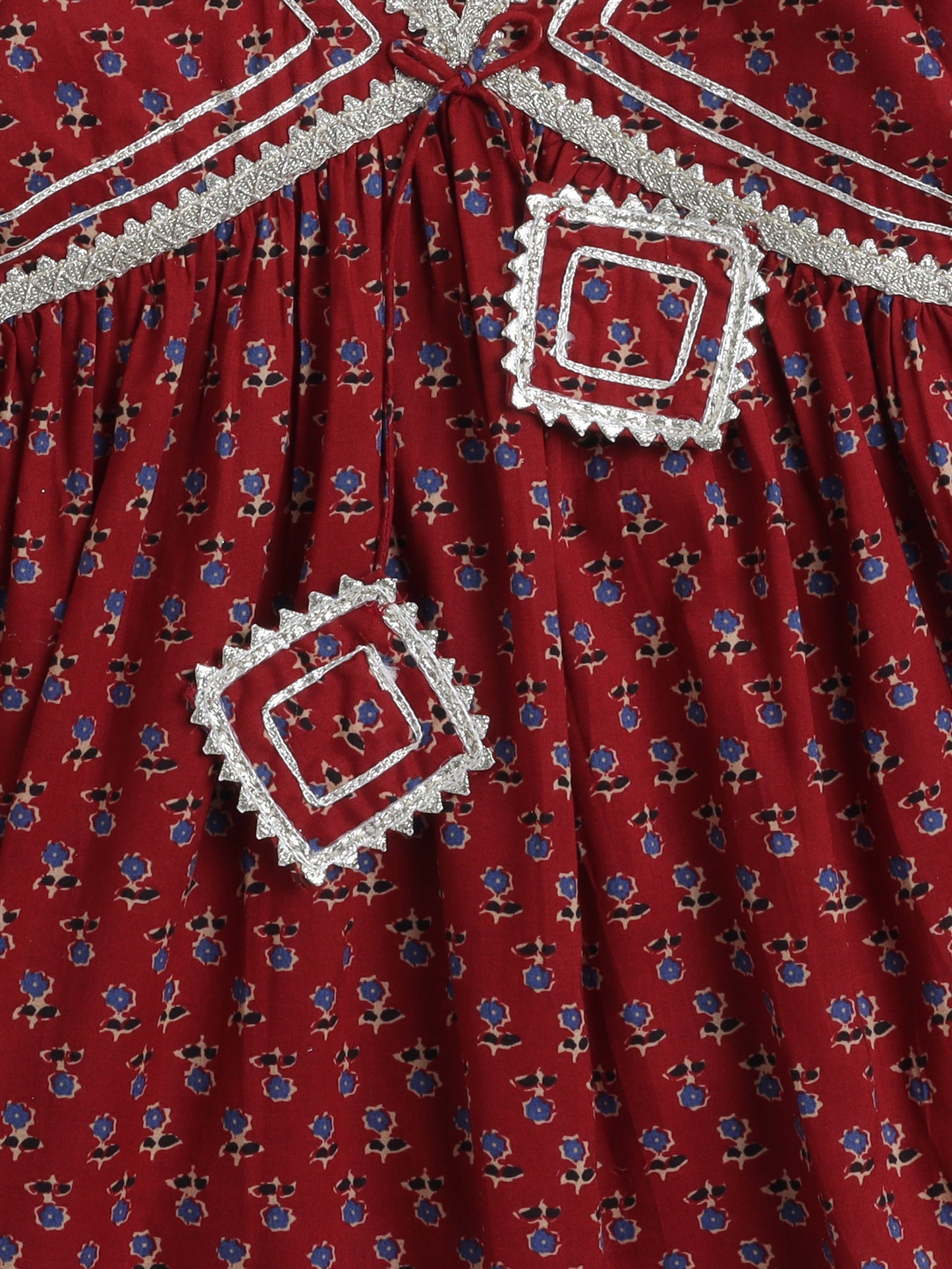 Half  Sleeves Floral Printed & Gota Lace Embellished Cotton  Kurta With Pant -  Maroon