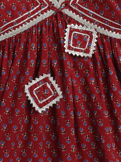 Half  Sleeves Floral Printed & Gota Lace Embellished Cotton  Kurta With Pant -  Maroon