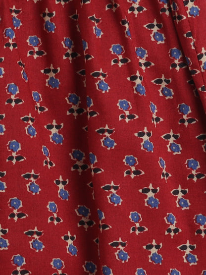 Half  Sleeves Floral Printed & Gota Lace Embellished Cotton  Kurta With Pant -  Maroon