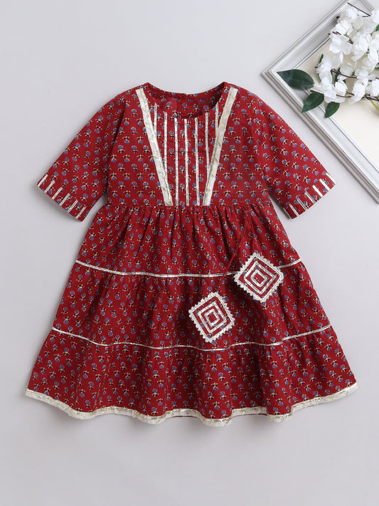 The Magic Wand Three Forth Sleeve Floral Printed Dress-Maroon