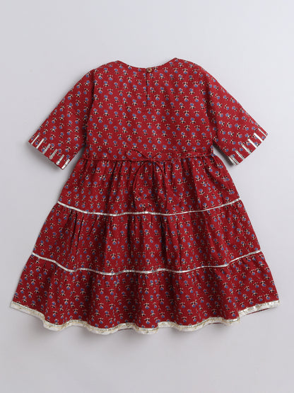 The Magic Wand Three Forth Sleeve Floral Printed Dress-Maroon