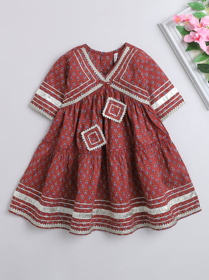 The Magic wand Elbow Sleeve Floral Printed Dress-Maroon