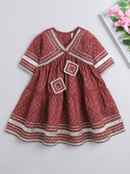 The Magic wand Elbow Sleeve Floral Printed Dress-Maroon