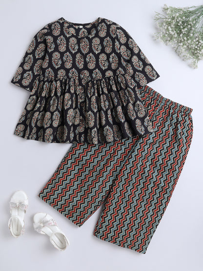 3/4th Sleeves Cotton Floral Printed Gathered Top & Pant Set  Black