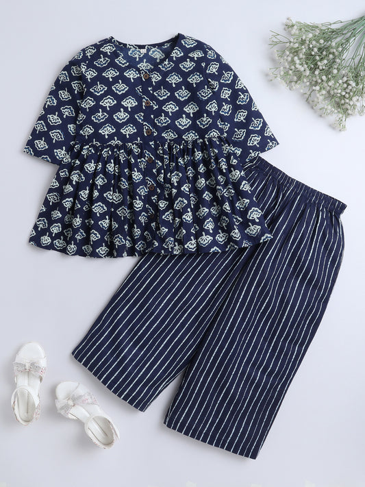 3/4th Sleeves Cotton Floral Printed Gathered Top & Pant Set-Blue