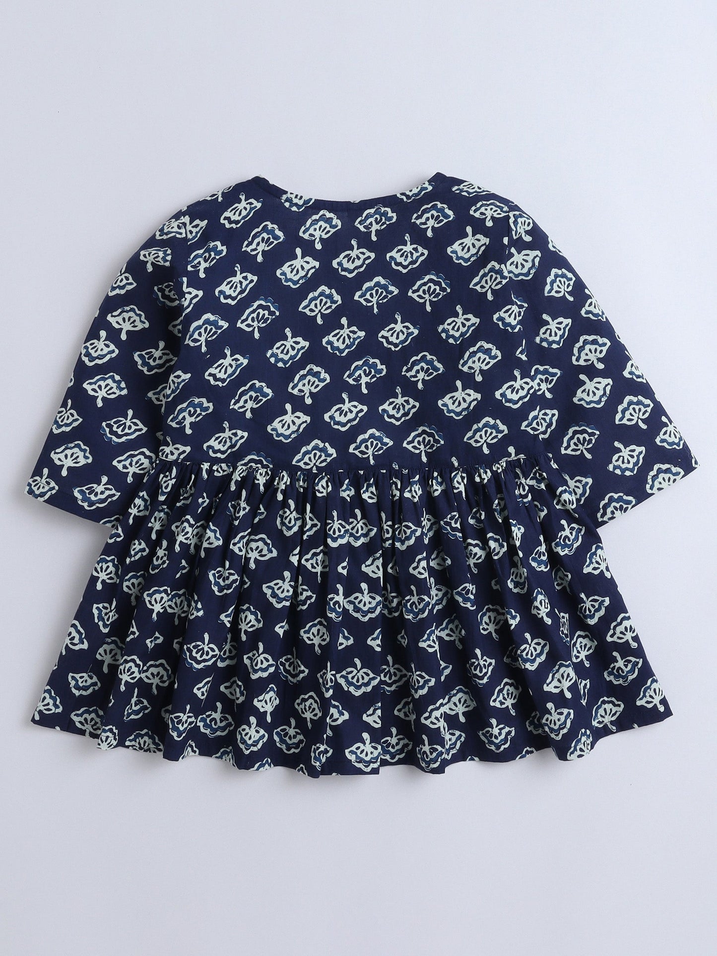 3/4th Sleeve Cotton Floral Printed Gathered Top & Pant Set -Blue