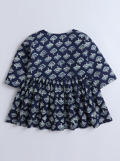 3/4th Sleeve Cotton Floral Printed Gathered Top & Pant Set -Blue