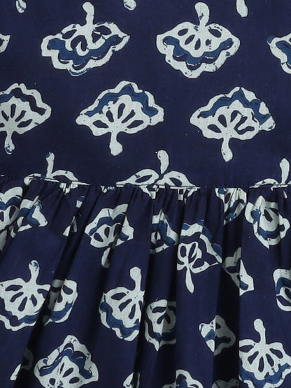 3/4th Sleeve Cotton Floral Printed Gathered Top & Pant Set -Blue