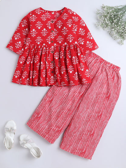 3/4th Sleeves Cotton Floral Printed Gathered Top & Pant Set Red