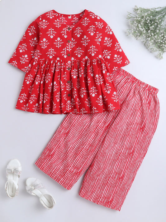 3/4th Sleeves Cotton Floral Printed Gathered Top & Pant Set Red