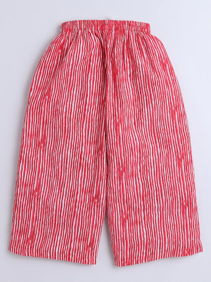 Three Fourth Sleeves Cotton Floral Printed Gathered Top & Pant Set- Red