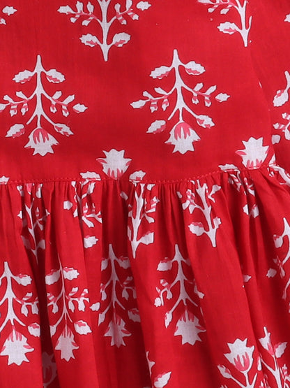 Three Fourth Sleeves Cotton Floral Printed Gathered Top & Pant Set- Red