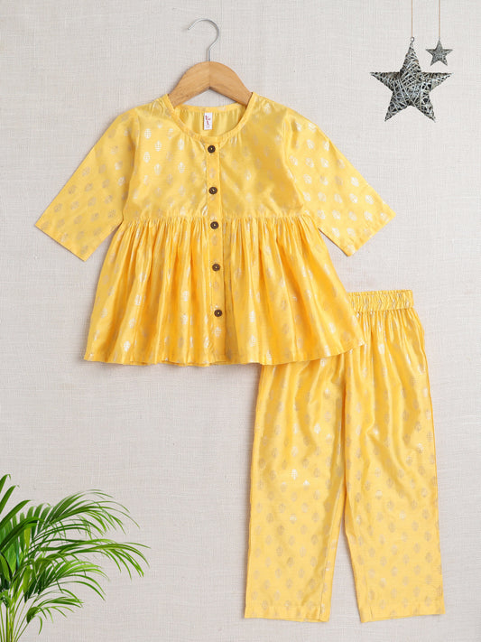 Half Sleeves Foil Print Top and Pant Set- Yellow