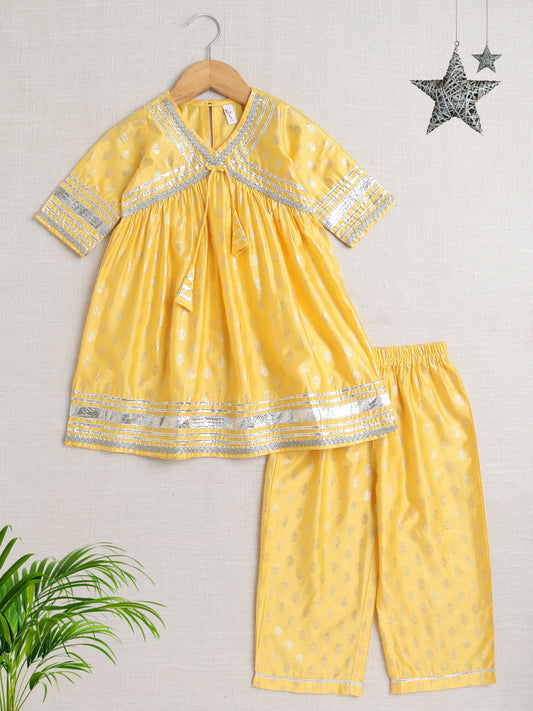 Half Sleeves Embellished Alia Cut with Gota Lace Kurta Set- Yellow