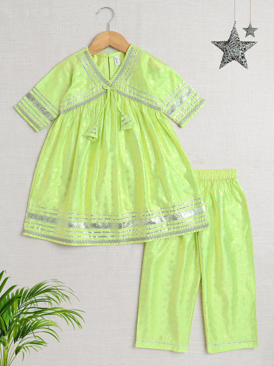 Half Sleeves Lace Embellished Floral Motif Foil Printed Coordinating Kurta & Salwar Set - Green