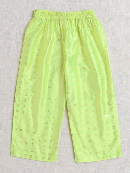 Half Sleeves Lace Embellished Floral Motif Foil Printed Coordinating Kurta & Salwar Set - Green