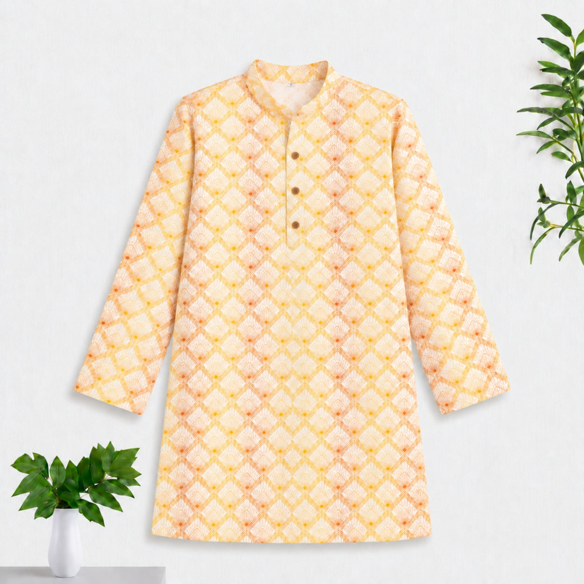 The Magic Wand Woven Full Sleeves Geometric Ethnic Printed Kurta - Yellow