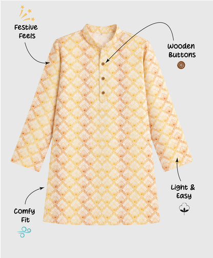 The Magic Wand Woven Full Sleeves Geometric Ethnic Printed Kurta - Yellow