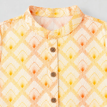 The Magic Wand Woven Full Sleeves Geometric Ethnic Printed Kurta - Yellow