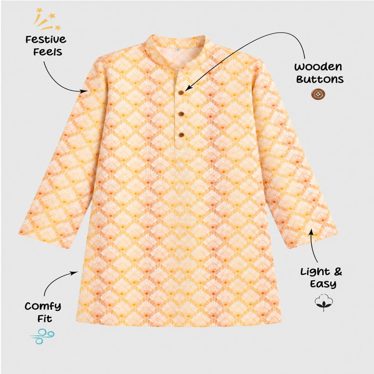 The Magic Wand Woven Full Sleeves Geometric Ethnic Printed Kurta - Yellow