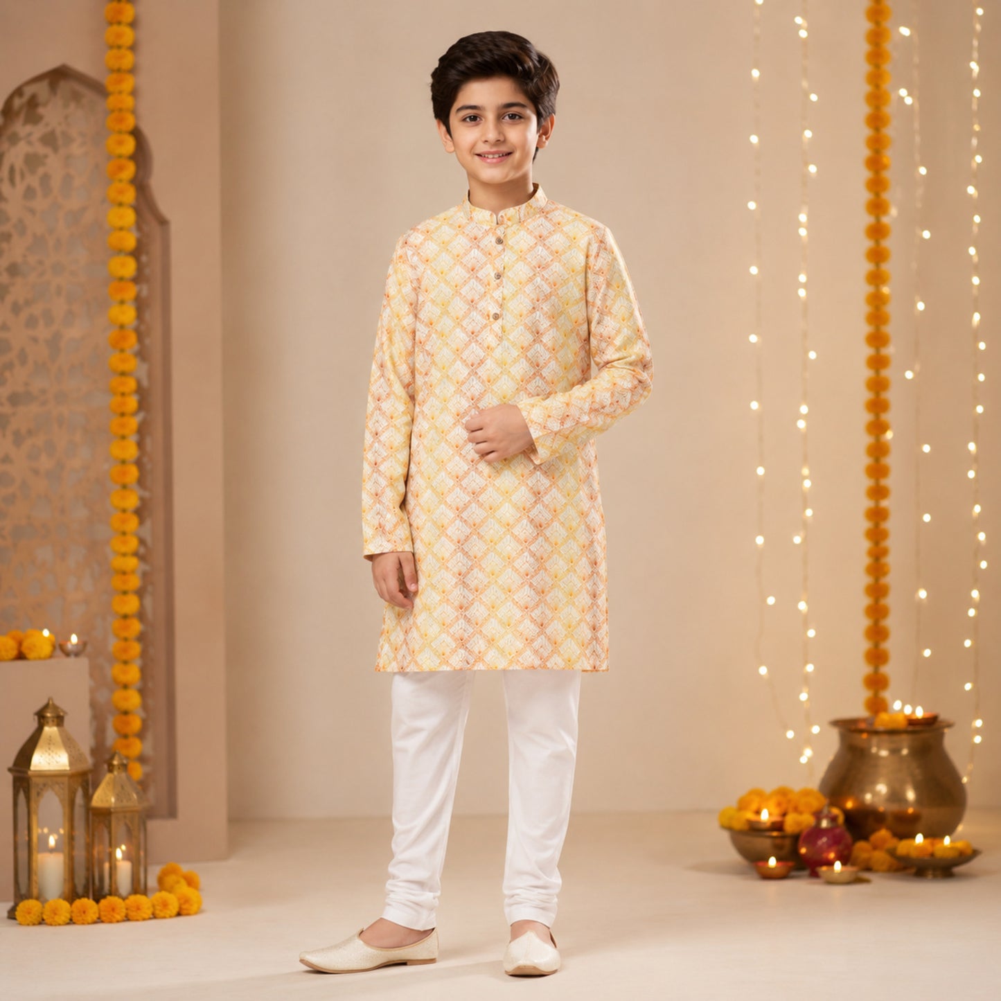 The Magic Wand Woven Full Sleeves Geometric Ethnic Printed Kurta - Yellow