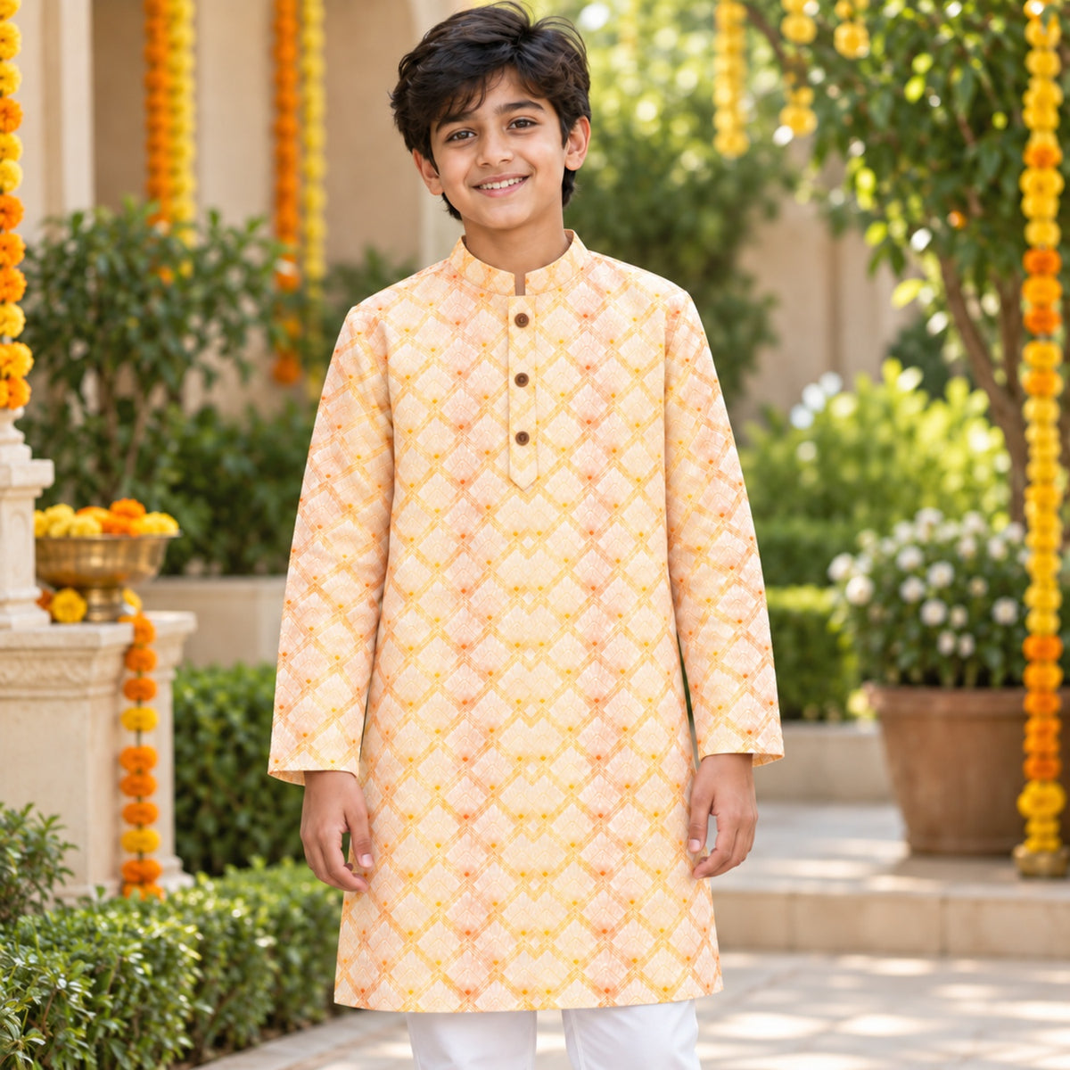 The Magic Wand Woven Full Sleeves Geometric Ethnic Printed Kurta - Yellow
