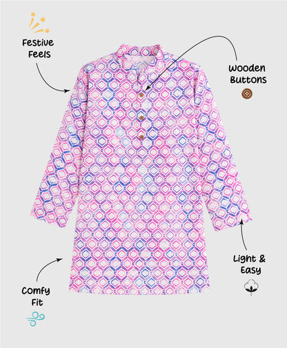 The Magic Wand Woven Full Sleeves Geometric Printed Kurta - Multi Colour