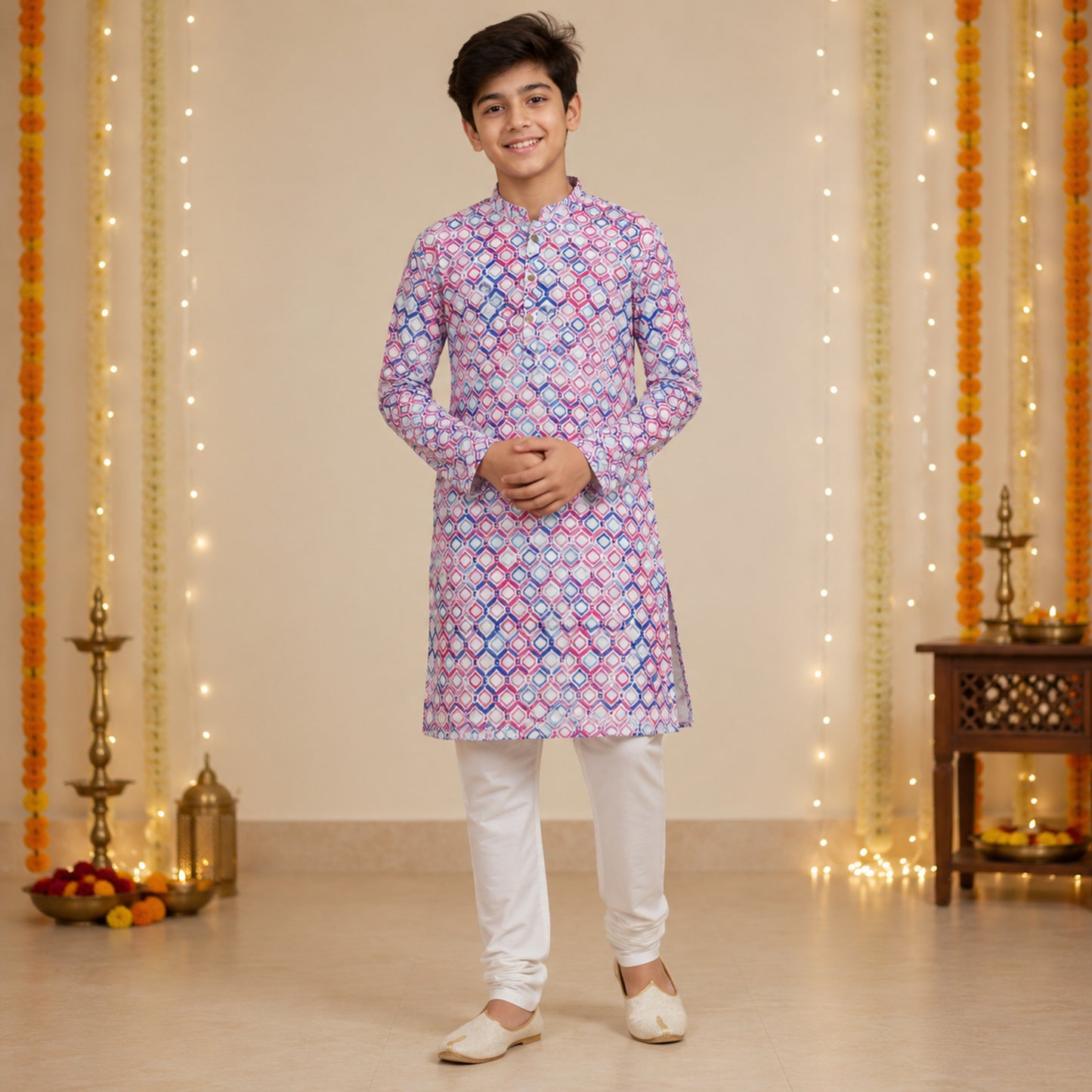 The Magic Wand Woven Full Sleeves Geometric Printed Kurta - Multi Colour