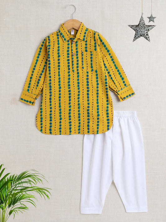 Full Sleeves Abstract Print Pathani Set - Mustard