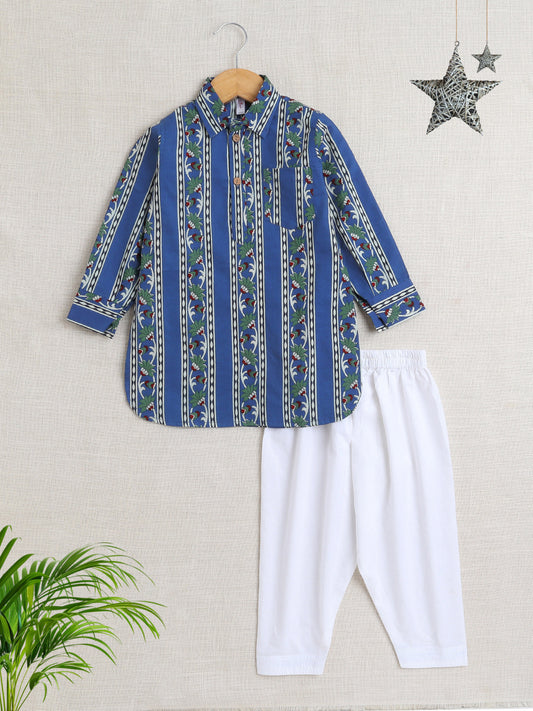 Full Sleeves Floral Print Pathani Set - Navy Blue