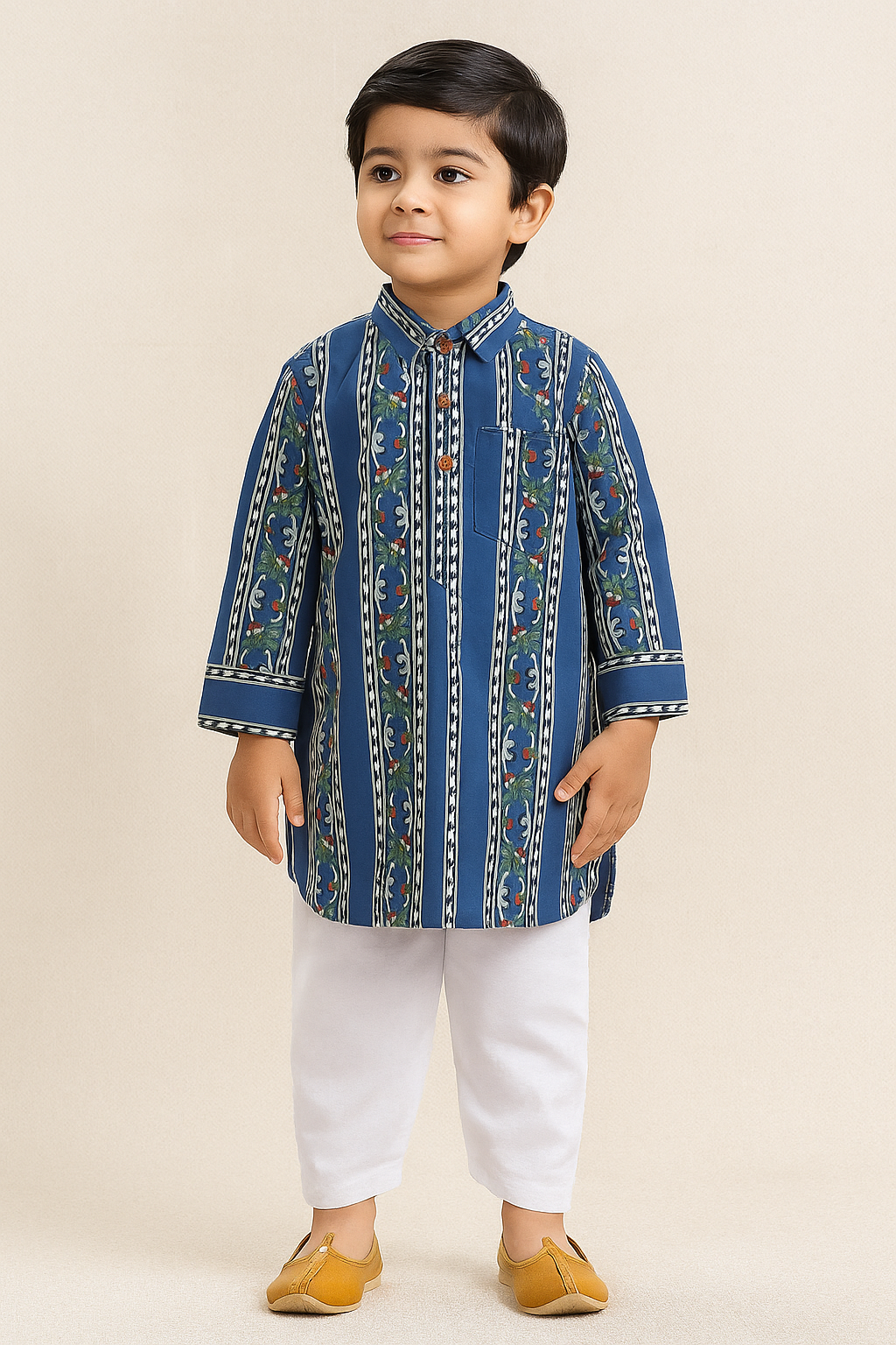 Full Sleeves Floral Print kurta and pyjamaSet - Navy Blue