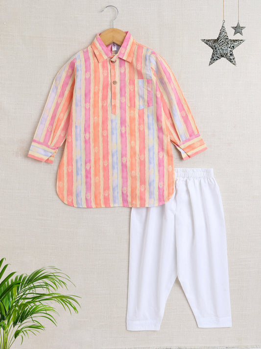 Full Sleeves Stripe Print Pathani Set - Peach