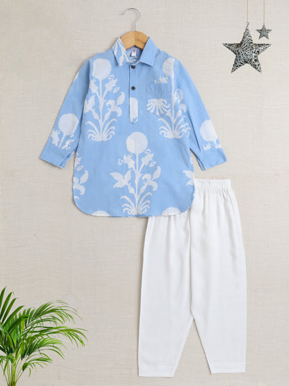 Full Sleeves Floral Print Kurta with Solid Pant - Blue
